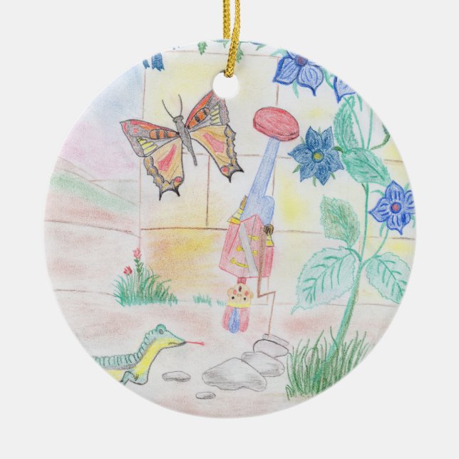 Custom Kids Artwork, Nutcracker toy, butterfly,  Ceramic Tree Decoration (Front)