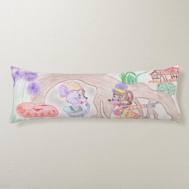 Custom Kids Artwork, two cute mouse, flowers.... Body Cushion (Front)