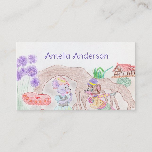 Custom Kids Artwork, two cute mouse, flowers.... Business Card (Front)