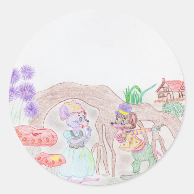 Custom Kids Artwork, two cute mouse, flowers.... Classic Round Sticker (Front)