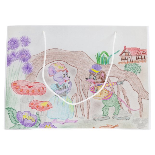 Custom Kids Artwork, two cute mouse, flowers.... Large Gift Bag (Front)