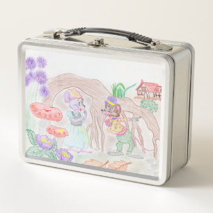 Custom Kids Artwork, two cute mouse, flowers.... Metal Lunch Box