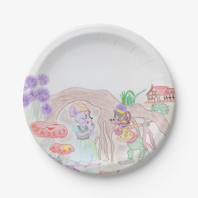 Custom Kids Artwork, two cute mouse, flowers.... Paper Plate (Front)