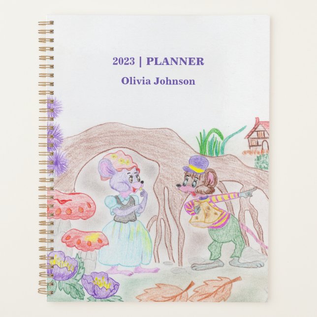 Custom Kids Artwork, two cute mouse, flowers.... Planner (Front)