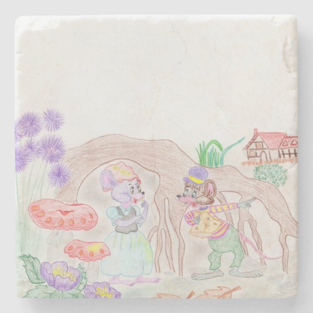 Custom Kids Artwork, two cute mouse, flowers.... Stone Coaster (Front)