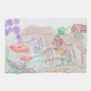 Custom Kids Artwork, two cute mouse, flowers.... Tea Towel