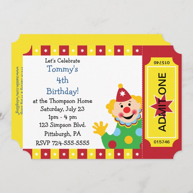 Custom Kids Clown Birthday Party Invitation (Front/Back)