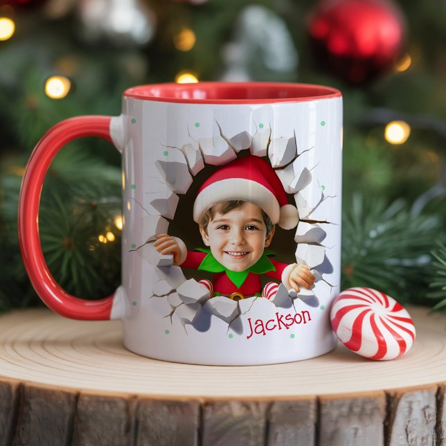 Custom Kids Face Photo Funny Christmas Elf Name Mug (Fun Christmas photo mug cups for kids with funny personalized face head and name holiday gift)