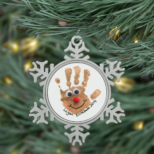 Custom Kids' Handprint Art Keepsake Snowflake Pewter Christmas Ornament