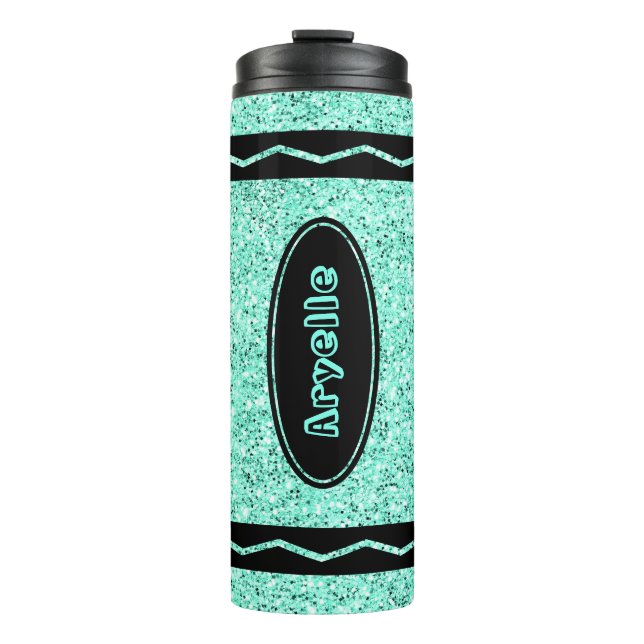 Custom Kids Name Aqua Glitter Crayon Drink Tumbler (Front)