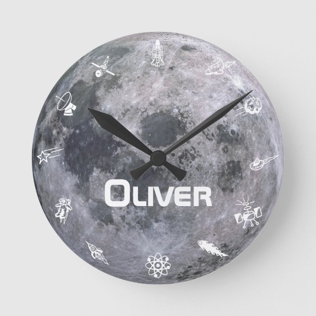 Custom Kids Name Moon Space Astronaut Round Clock (Front)
