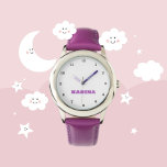 Custom Kids Name Steel Purple Leather Girls Watch<br><div class="desc">Make every moment special with our Custom Kids Name Watch! This personalised timepiece is perfect for children of all ages, featuring their name printed boldly on the face of the watch. Available in vibrant colours and fun designs, this watch makes learning to tell time both stylish and exciting. Crafted with...</div>