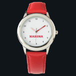 Custom Kids Name Steel Red Leather Girls Watch<br><div class="desc">Make every moment special with our Custom Kids Name Watch! This personalised timepiece is perfect for children of all ages, featuring their name printed boldly on the face of the watch. Available in vibrant colours and fun designs, this watch makes learning to tell time both stylish and exciting. Crafted with...</div>