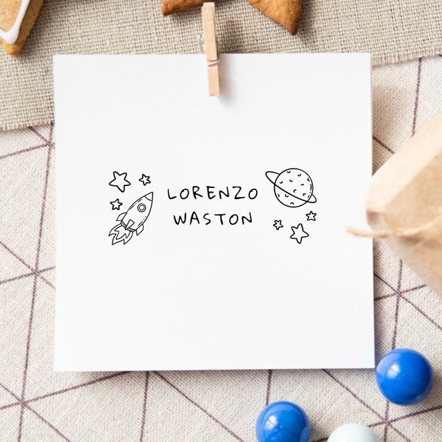 Custom Kids Name with Hand-Drawn Space Elements Self-inking Stamp (Creator Uploaded)