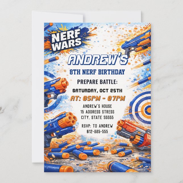 Custom Kids Nerf Dart Birthday Battle Invitation (Front)