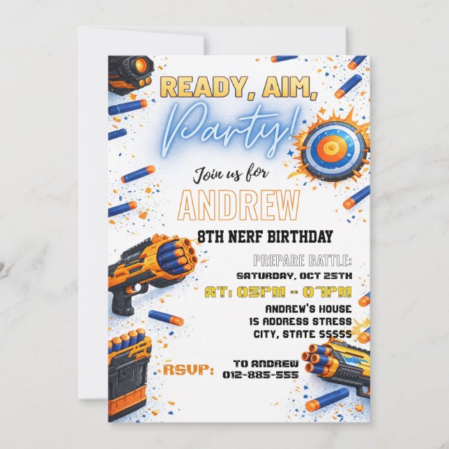 Custom Kids Nerf Dart Birthday Invitation (Front)