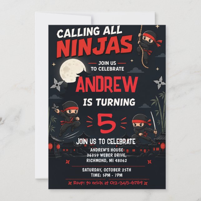 Custom Kids Ninja Birthday party Invitation (Front)