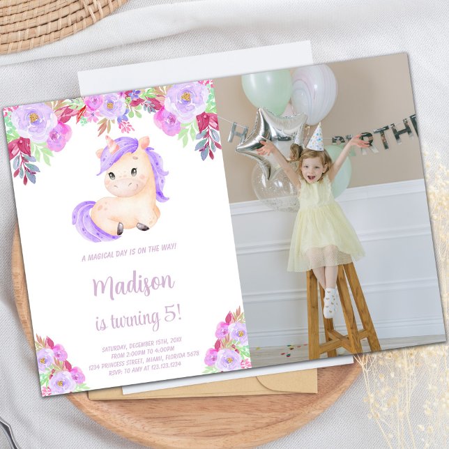 Custom Kids Party Invite (Purple pink Floral Unicorn Birthday photo Invitation)