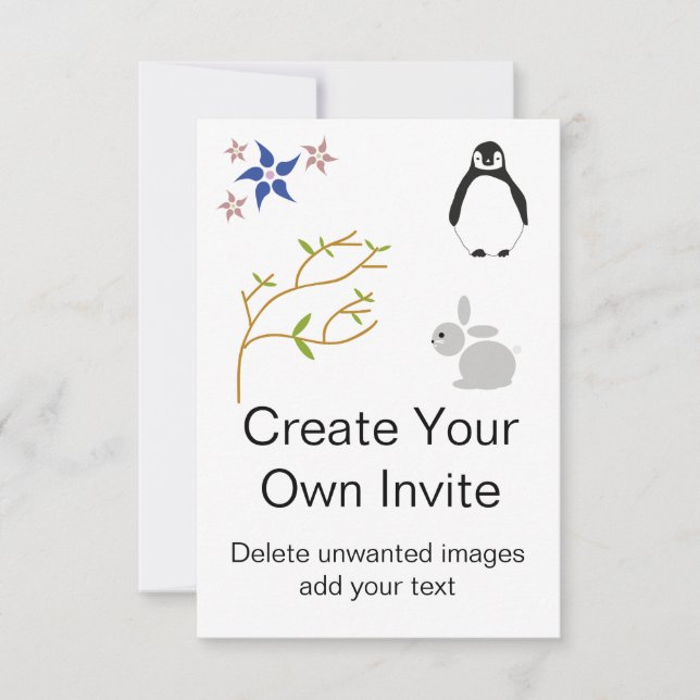 Custom Kids Party Invite with Penguin and flower (Front)