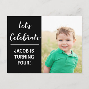 Custom Kids Photo Birthday Party Black Minimalist Invitation Postcard