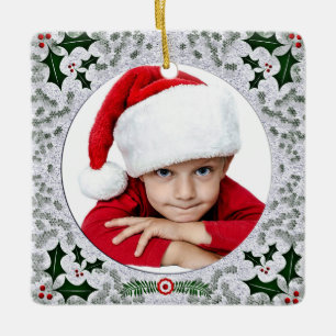Custom Kids Photo Vintage Holly Square Frame Ceramic Ornament