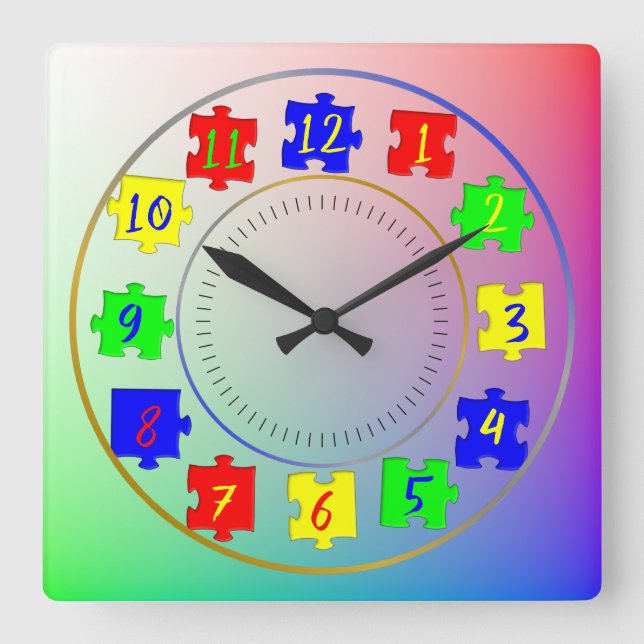 Custom Kid's Photos, Colour Jigsaw Pieces, Numbers Square Wall Clock (Front)