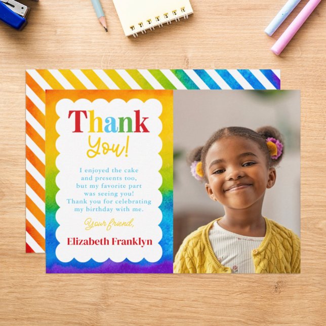 Custom Kids Rainbow Watercolor Photo Thank You Card (Creator Uploaded)
