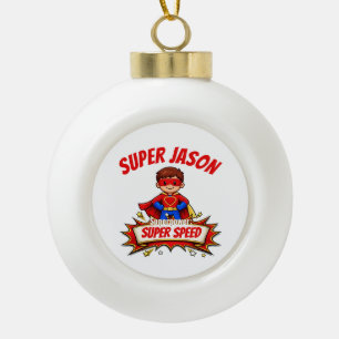 Custom Kids Superhero Name & Superpower Ceramic Ball Christmas Ornament