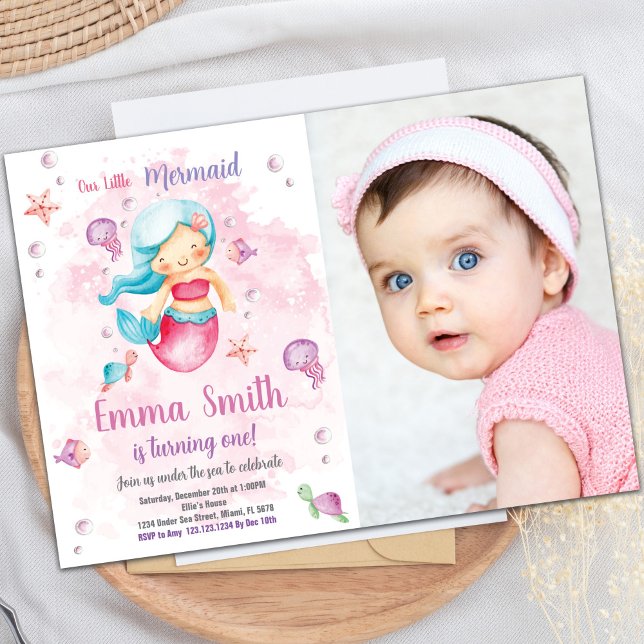 Custom Kids Under the Sea Party Invite (Pink Cloud Mermaid Birthday Invitations with photo)