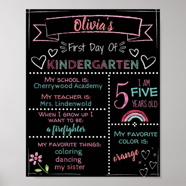 Custom Kindergarten First Day Chalkboard Sign (Front)