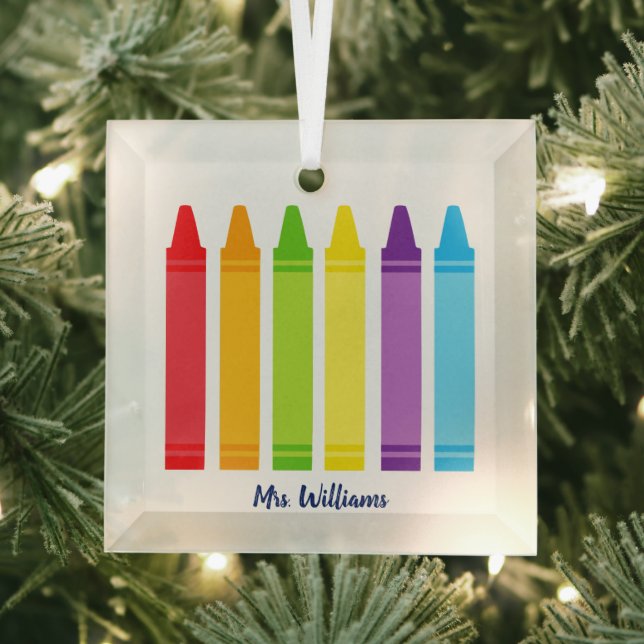 Custom Kindergarten Teacher Cute Crayon Christmas Glass Tree Decoration (Insitu)