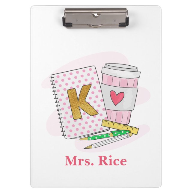 Custom Kindergarten Teacher Pink Notebook Coffee Clipboard (Front)