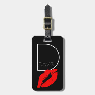 Custom Kiss Lips Black Red Lipstick Davis Monogram Luggage Tag