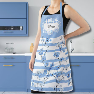 Custom Kitchen-Themed Name Blue Blossoms Striped Apron
