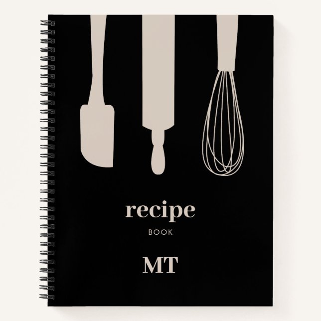 Custom Kitchen Utensils Monogram Recipe Cookbook Notebook (Front)