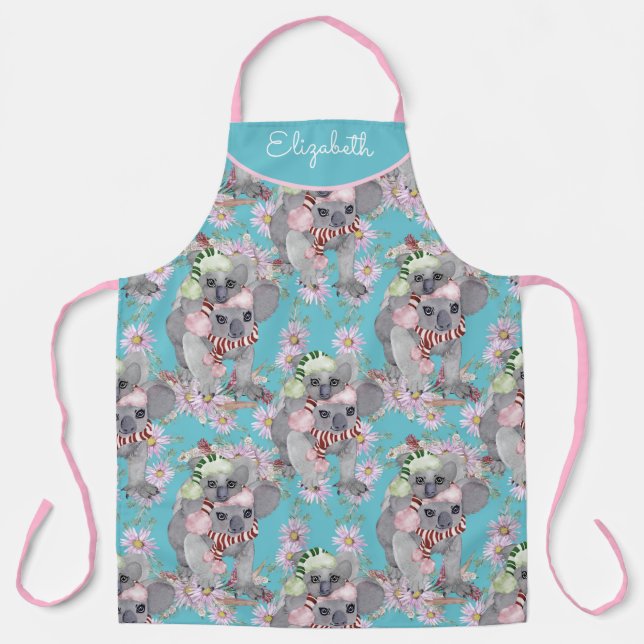 Custom Koala Christmas Botanical Vintage Blue Apron (Front)