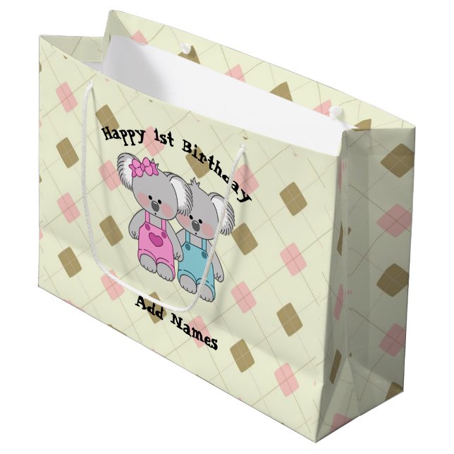 Custom Koala Twins (Girl and Boy) Large Gift Bag (Front Angled)
