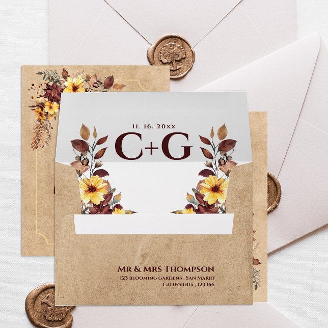Custom Kraft Rustic Fall Floral Monogram Wedding Envelope (Custom Kraft Rustic Fall Floral Monogram Wedding Envelope)