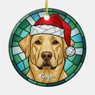 Custom Labrador Dog Santa Hat Stained Glass Ceramic Tree Decoration