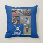 Custom Lacrosse Photo Collage Name Team Number Cushion<br><div class="desc">This custom lacrosse photo collage pillow features 5 of your uploaded photos, a lacrosse graphic and your choice of text - player's name, team name, jersey number, etc. Change the background colour to match your team or bedroom colours by clicking customise and then the small eye dropper. Celebrate your team...</div>