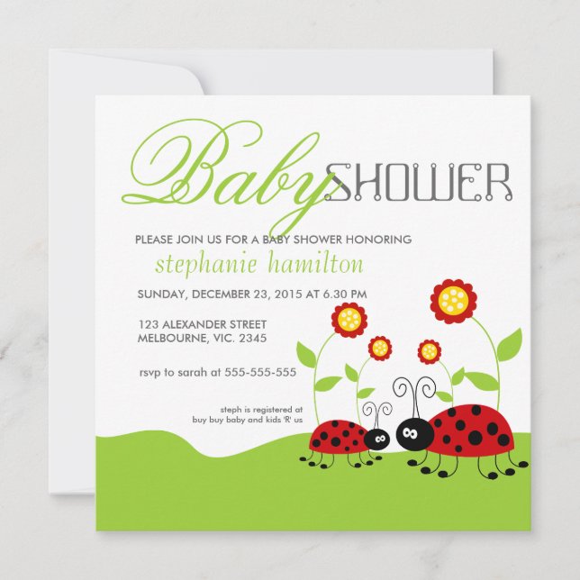 Custom lady bugs neutral baby shower invitation (Front)