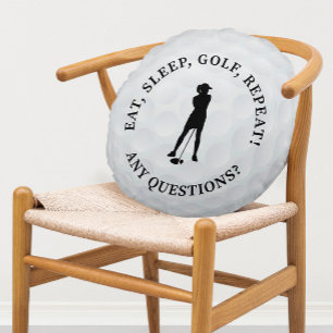 Custom Lady Golfer Silhouette Cute Golf Ball Black Round Cushion