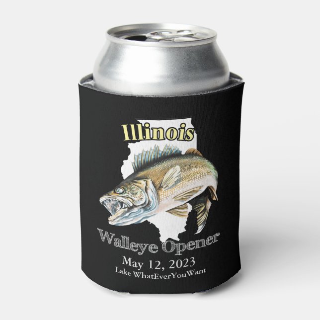 Custom Lake and Date Illinois Walleye Opener Light Can Cooler (Can Front)