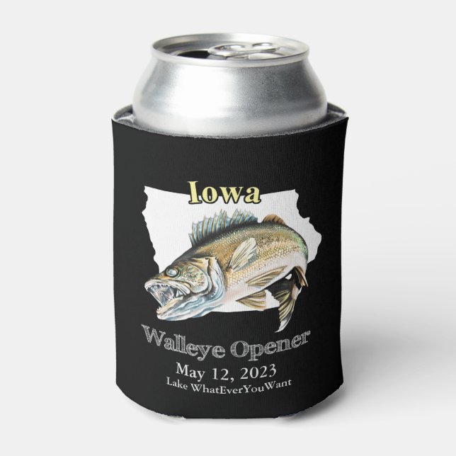  Custom Lake and Date Iowa Walleye Opener Light Ca Can Cooler (Can Front)