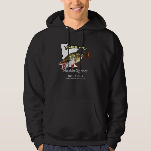 Custom Lake/Date Minnesota Muskie Opener Dark Hoodie (Front)