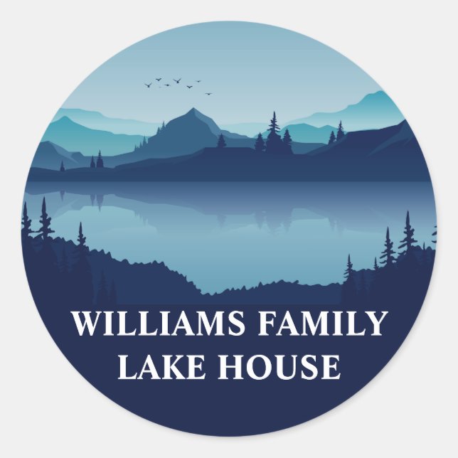 Custom Lake House Drawing Family Home Blue Classic Round Sticker (Front)