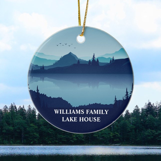 Custom Lake House Family Home Blue Christmas Ceramic Tree Decoration (Creator Uploaded)