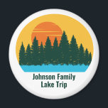 Custom Lake House Family Trip Cute Sunset Magnet<br><div class="desc">Beautiful family lake vacation magnet featuring the pretty blue waters under the forest of trees and cool orange sunset. Cute camping trip keepsake souvenir for your nature outing or wilderness group.</div>