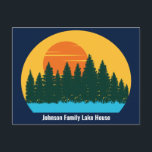 Custom Lake House Family Trip Sunset Postcard<br><div class="desc">Beautiful family lake vacation blue postcard featuring the pretty blue waters under the forest of trees and cool orange sunset. Cute camping trip keepsake souvenir for your nature outing or wilderness group.</div>