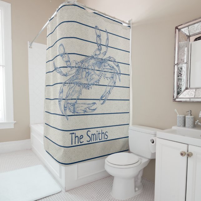 Custom Large Blue Crab Crustacean Illustration Shower Curtain (In Situ)